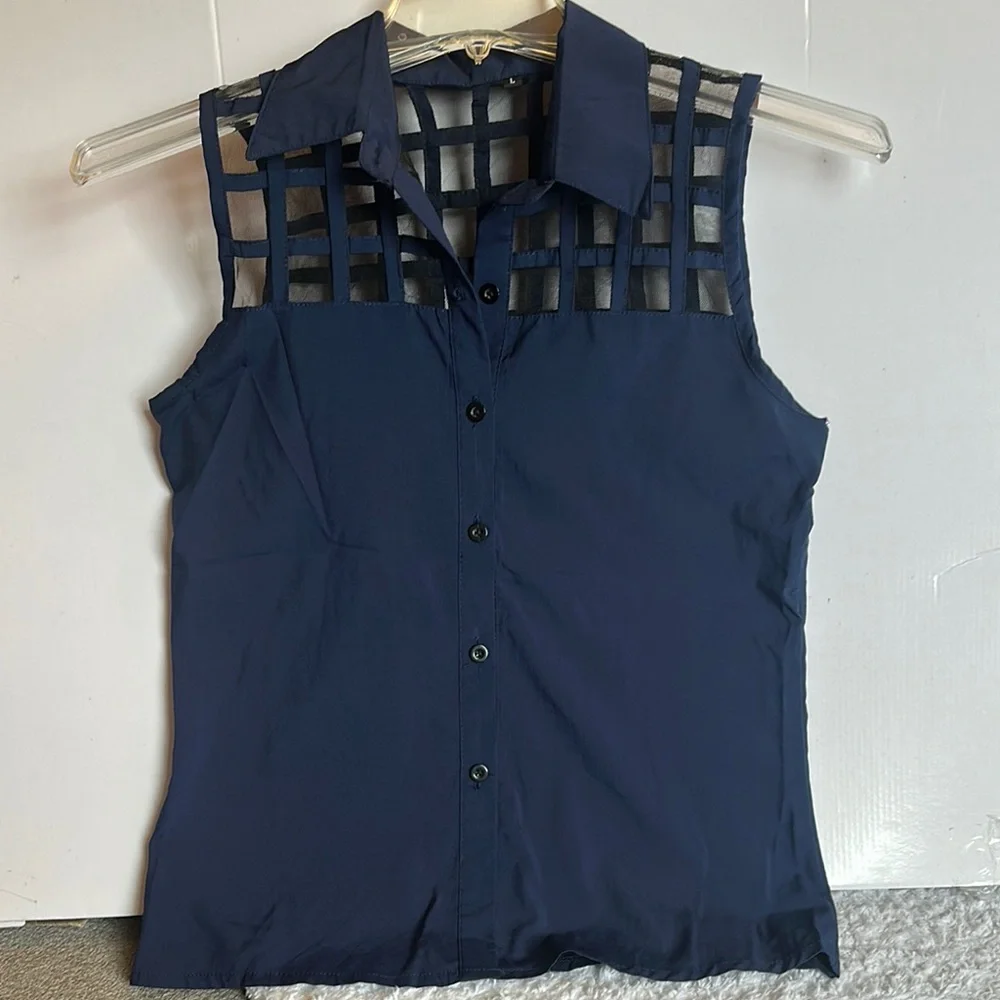 Navy Sleeveless Women's Top with Mesh Detail - Picture 1 of 4